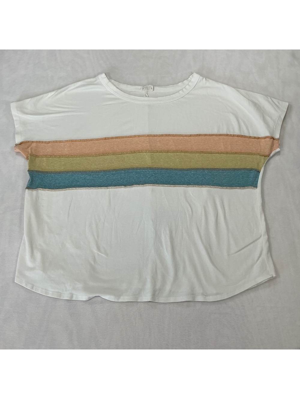 Bibi White Top with Peach,‎ Olive, and Blue Stripes
